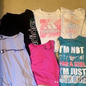 6 athletic shirts (Adidas, Under Armour, Champion) size medium girls
